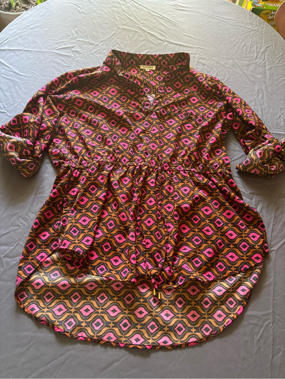 Printed Pink & Brown Women's Tunic Top with Elastic Waist